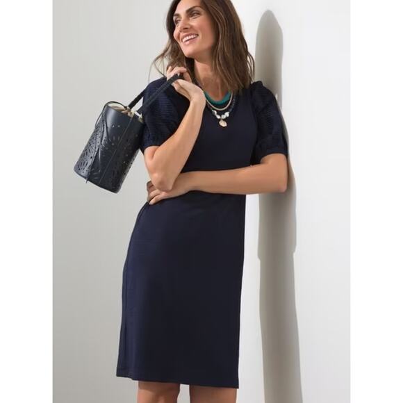 Chico's Textured Puff Sleeve Mini Dress Womens Sz 2 (L) Black Modal Quiet Luxury - Picture 6 of 6